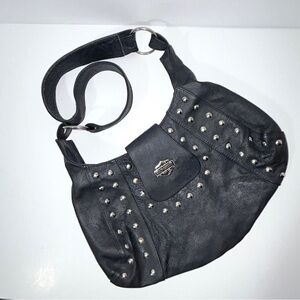 Harley-Davidson Vintage 90's Pebbled Black LeatherStudded Biker Shoulder‎ Purse